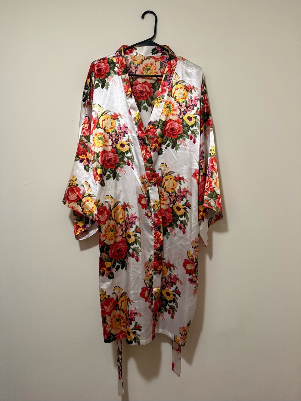 White floral satin robe